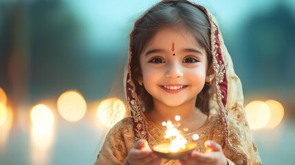 Festive Joy: Indian Child in Traditional Clothes Delighted with Diwali Sparklers