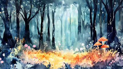 Poster - The enchanted forest in the watercolor painting was full of whimsical creatures and magical details. generative ai. Fairy Tale Creature. Illustration