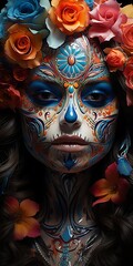 Wall Mural - A woman with intricate face paint and floral adornments, showcasing cultural artistry.