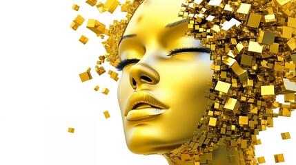 Wall Mural - Golden Woman Face with Abstract Cubes.