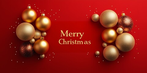 Wall Mural - Gold Christmas ornaments on a red background with gold glitter and the words Merry Christmas.