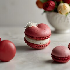 Close up image featuring a St Valentine s Day theme with a lovely white rose and fruit macaroons on a white background with copy space image included. Generative AI 