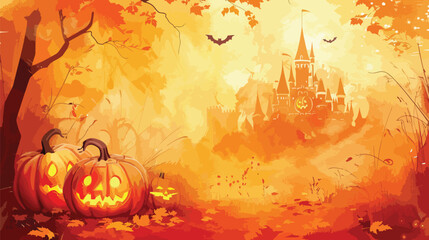 Wall Mural -  Orange background of pumpkins and castle, Halloween elements, Happy Halloween