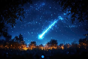 a shooting star shines brightly over serene woods in a dark blue night sky