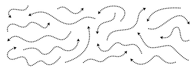 Aufkleber - Black dotted thin arrows set. Wavy and curved dashed pointers collection. Wiggly sketchy direction lines. Dots squiggle stripe design elements bundle for flyer, poster, brochure. Vector