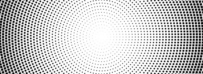 Poster - Halftone concentric dotted background. Square dots gradient texture. Radial fading comic gradation wallpaper. Black and white rough gritty overlay. Grunge circular monochrome pop art backdrop. Vector