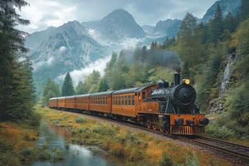 Wall Mural - A Scenic Journey Through the Forested Mountains on a Majestic Train Adventure