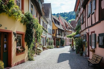 A charming cobblestone street lined with traditional European houses, lush greenery, and a sunny day.