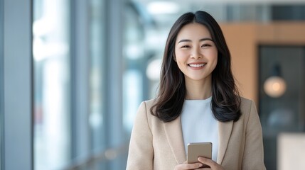 Poster - Smiling Woman Holding Phone in Modern Office Setting