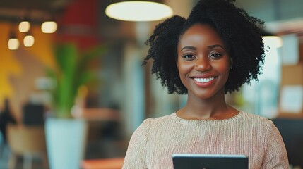 Poster - Happy Woman Holding Tablet in Modern Workspace