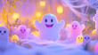 © Kanyanat - Cute, smiling ghosts hover above pastel-toned graves, surrounded by light Halloween decorations on a soft, dreamy background.
