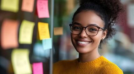 Poster - Smiling Woman with Sticky Notes in Bright Setting