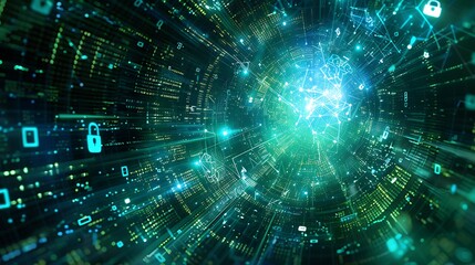 Poster - Abstract Cyber Network with Glowing Data Streams and Security Lock Icons