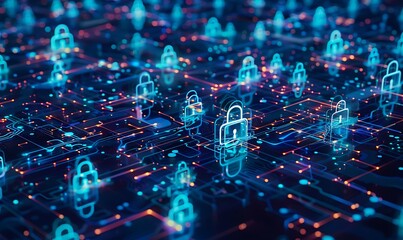 Poster - Futuristic Cyber Network with Data Streams and Translucent Security Locks