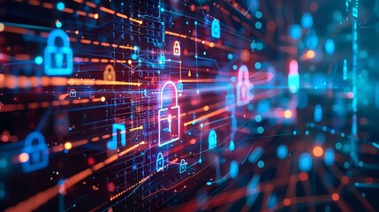 Aufkleber - Complex Cyber Network with Data Flow and Embedded Security Icons
