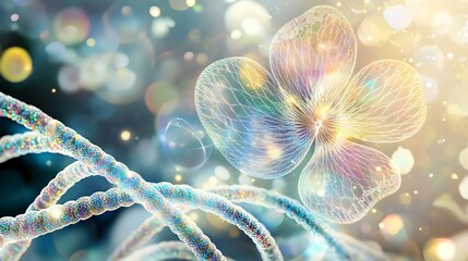 Aufkleber - A glowing, translucent flower with a blurred DNA double helix strand in the background.