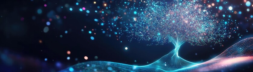 Wall Mural - a mesmerizing digital artwork depicting an abstract tree intertwined with vibrant cosmic elements an