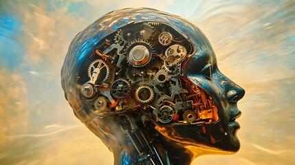 Poster - A metallic human head with gears and cogs inside, representing artificial intelligence and human thought.