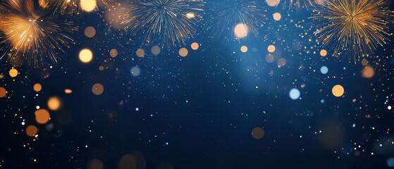 Poster - Abstract background with golden fireworks and bokeh lights on a blue background.
