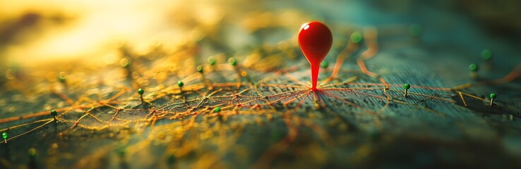 Poster - A red push pin stands out from a group of green push pins on a map with lines connecting them, signifying a key location or destination.