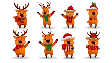 Wall Mural - Set of cute cartoon reindeer with various Christmas outfits, perfect for holiday greetings, cards, and decorations.