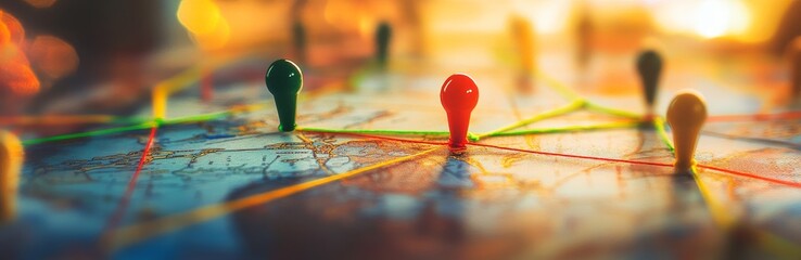 Aufkleber - Colorful pins connected by strings on a map with a blurry background.