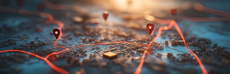 Poster - Red lines on a futuristic city map with pin pointers.