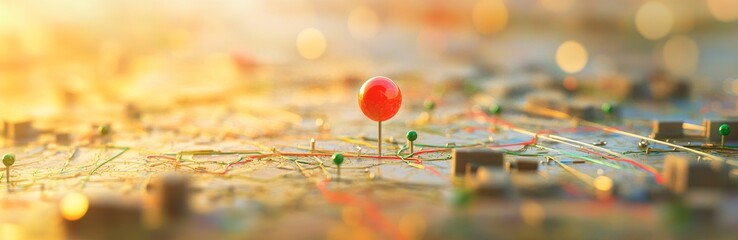 Aufkleber - A red push pin is placed on a detailed city map, with the city lights and sunrise in the background.