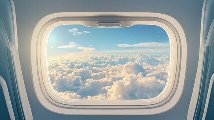 Airplane window template showing a dual view of the inside seat and outside sky with clouds, evoking travel and adventure.