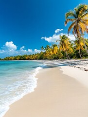 Pristine white sand beach with turquoise water and swaying palm trees under a blue sky with a few white clouds.