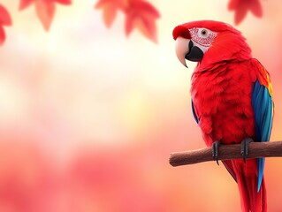 A vibrant parrot perched on a branch, showcasing brilliant red and blue feathers against a soft blurred background.