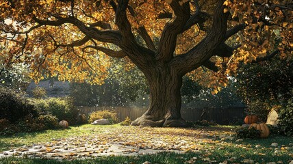 Large Oak Tree with Autumn Leaves in a Backyard