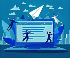 Wall Mural - Creative illustration of people engaging with digital technology and communication.