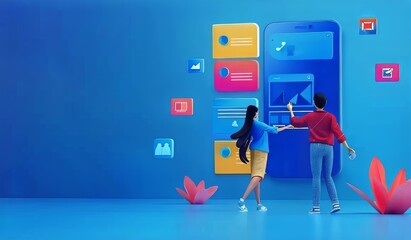 Wall Mural - Two individuals collaborate on a vibrant digital interface, enhancing their creative project.