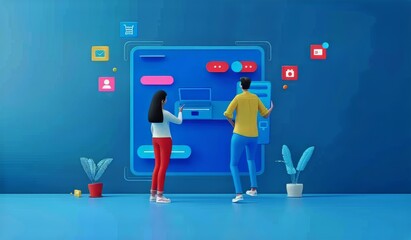 Wall Mural - A man and a woman collaborate on a digital interface creation.