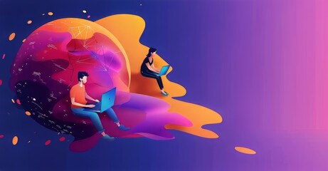 Wall Mural - Two young men working on laptops, surrounded by vibrant graphics and abstract shapes.