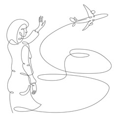 Wall Mural - One continuous line.The girl the woman sees off the taking off the plane. Seeing off at the airport. One continuous drawing line logo isolated minimal illustration.