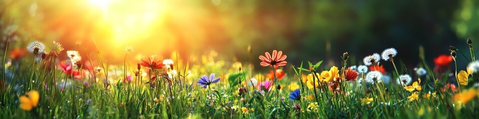 Wall Mural - colorful wildflowers bloom in a meadow bathed in warm sunlight.