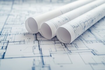 Poster - Rolled up blueprints with a floor plan design on white paper.