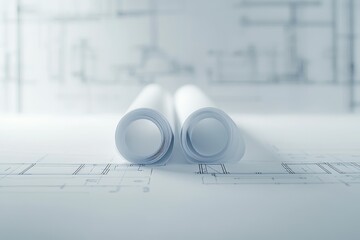 Poster - Rolled up blueprints on top of an architectural drawing.