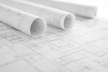 Poster - Rolled up blueprints with architectural plans on a table.