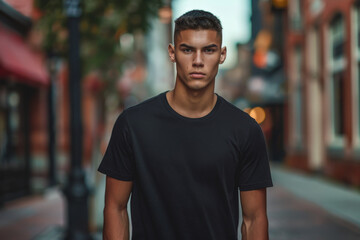 A young man in a black shirt stands on a sidewalk in front of a red building