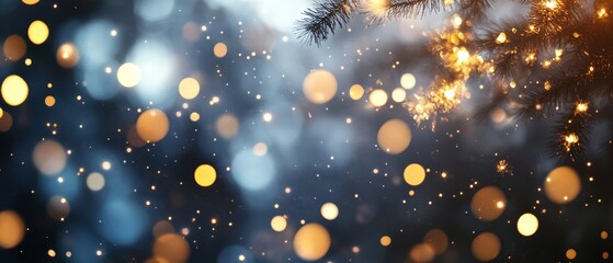Abstract bokeh background with soft golden lights and blue tones.
