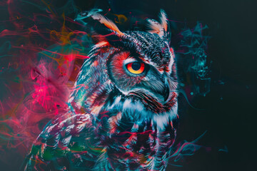 Wall Mural - A colorful owl with a red eye is the main focus of the image