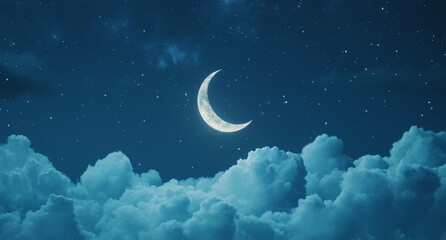 Wall Mural - a crescent moon hangs in a dark blue sky filled with stars and fluffy clouds.