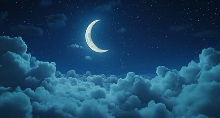 Wall Mural - a crescent moon shines in a night sky full of stars above a layer of clouds.