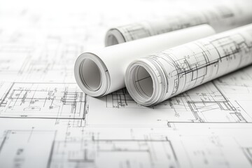 Poster - Rolled up blueprints with technical drawings on a white table.