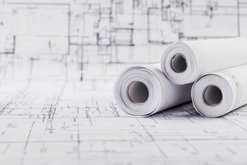 Poster - Rolled up blueprints on a table with architectural drawings in the background.