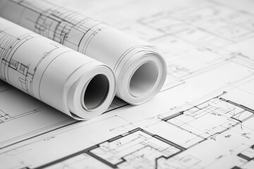 Poster - Rolled up blueprints with architectural drawings in the background.