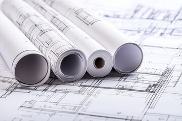 Poster - Close up of rolled up blueprints on a desk.